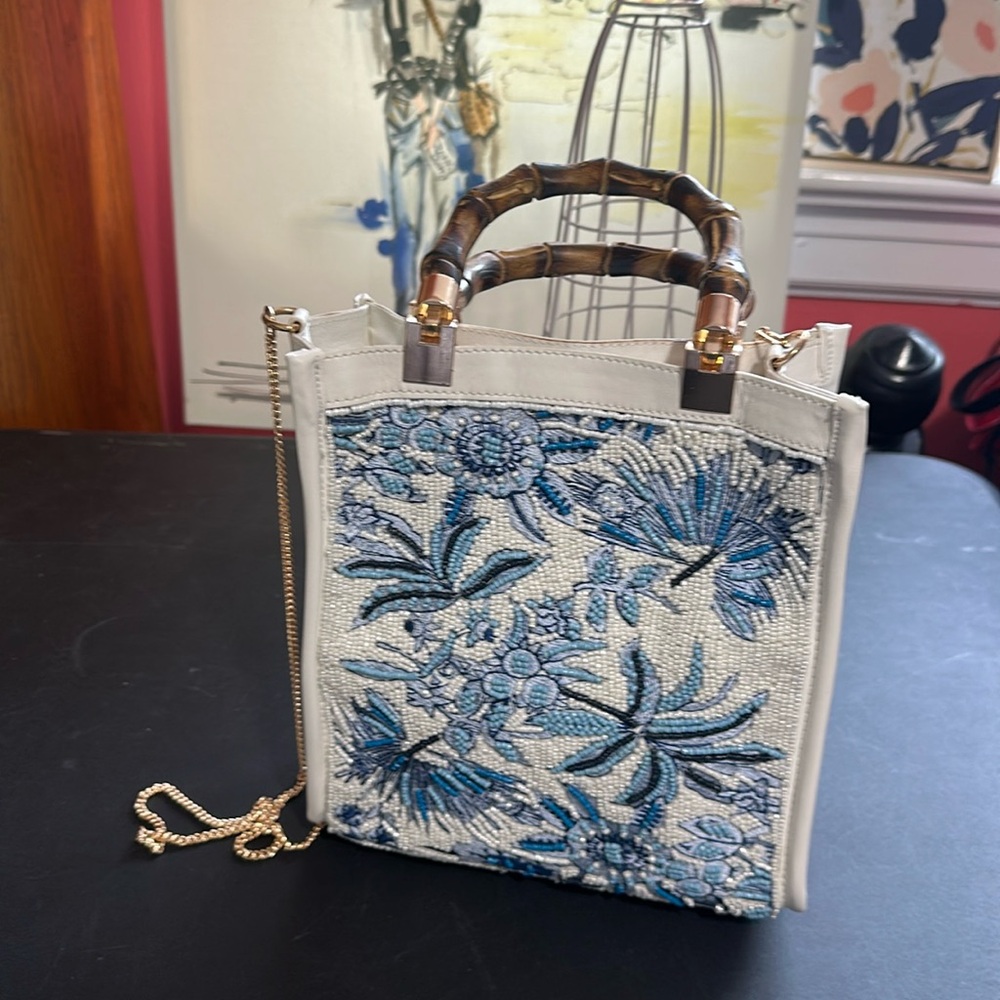 Women's White Tote with Blue Floral Beadwork and Bamboo Handles